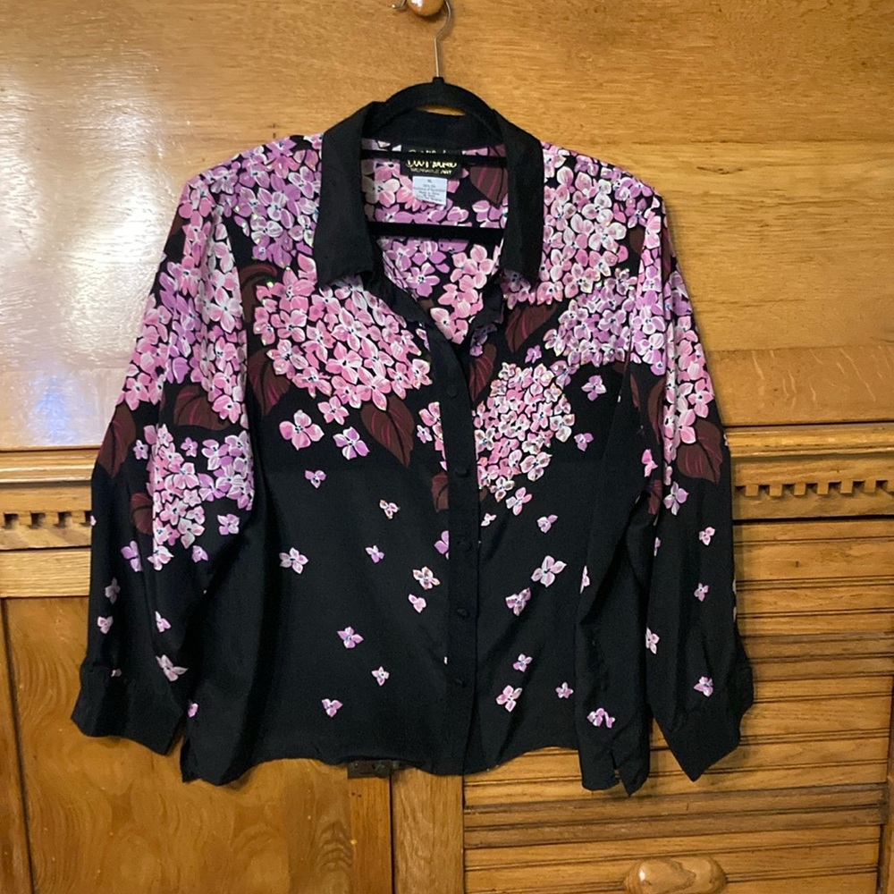 Bob Mackie Wearable Art Black and Pink Floral 100% Silk Blouse with Sequins